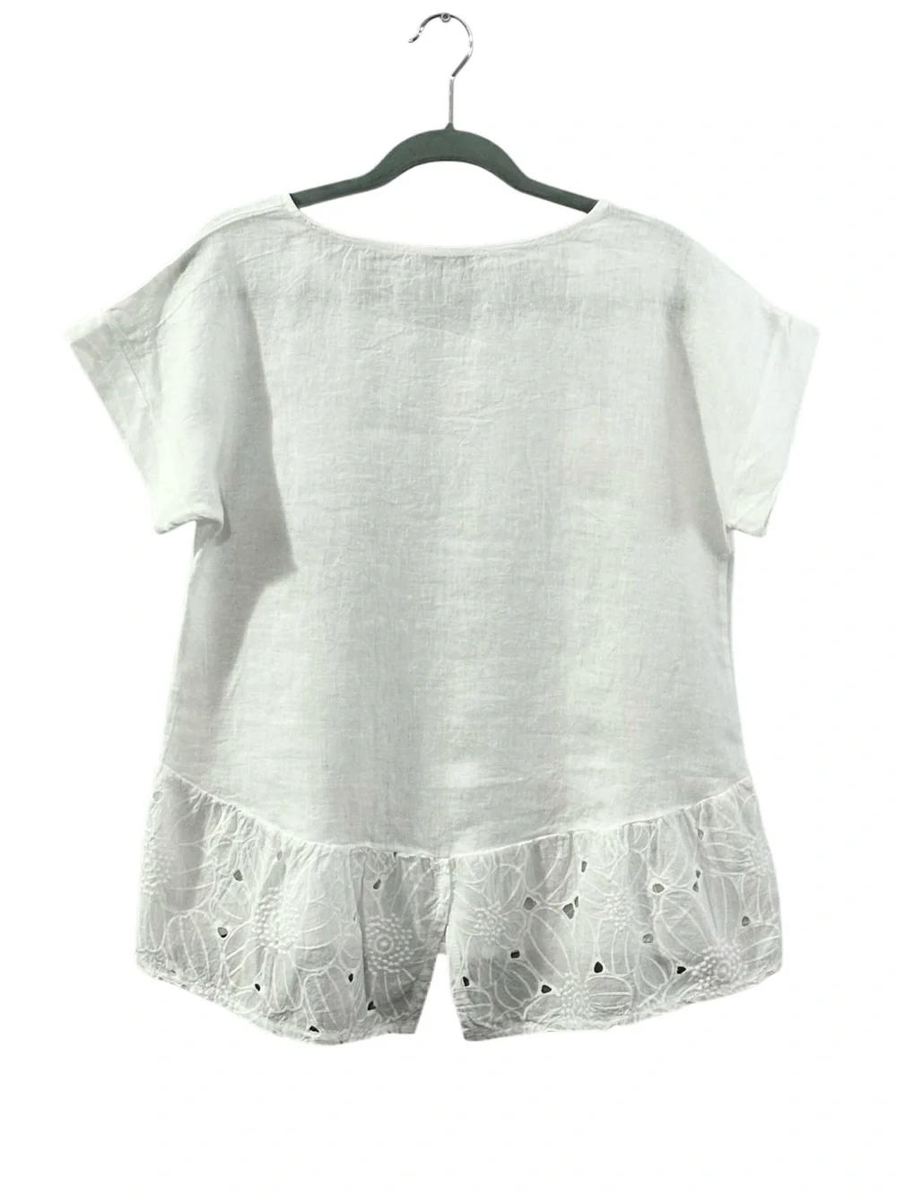 Terzo Millennio Italy 100% Linen Bright White Eyelet Ruffle Hem Blouse Small